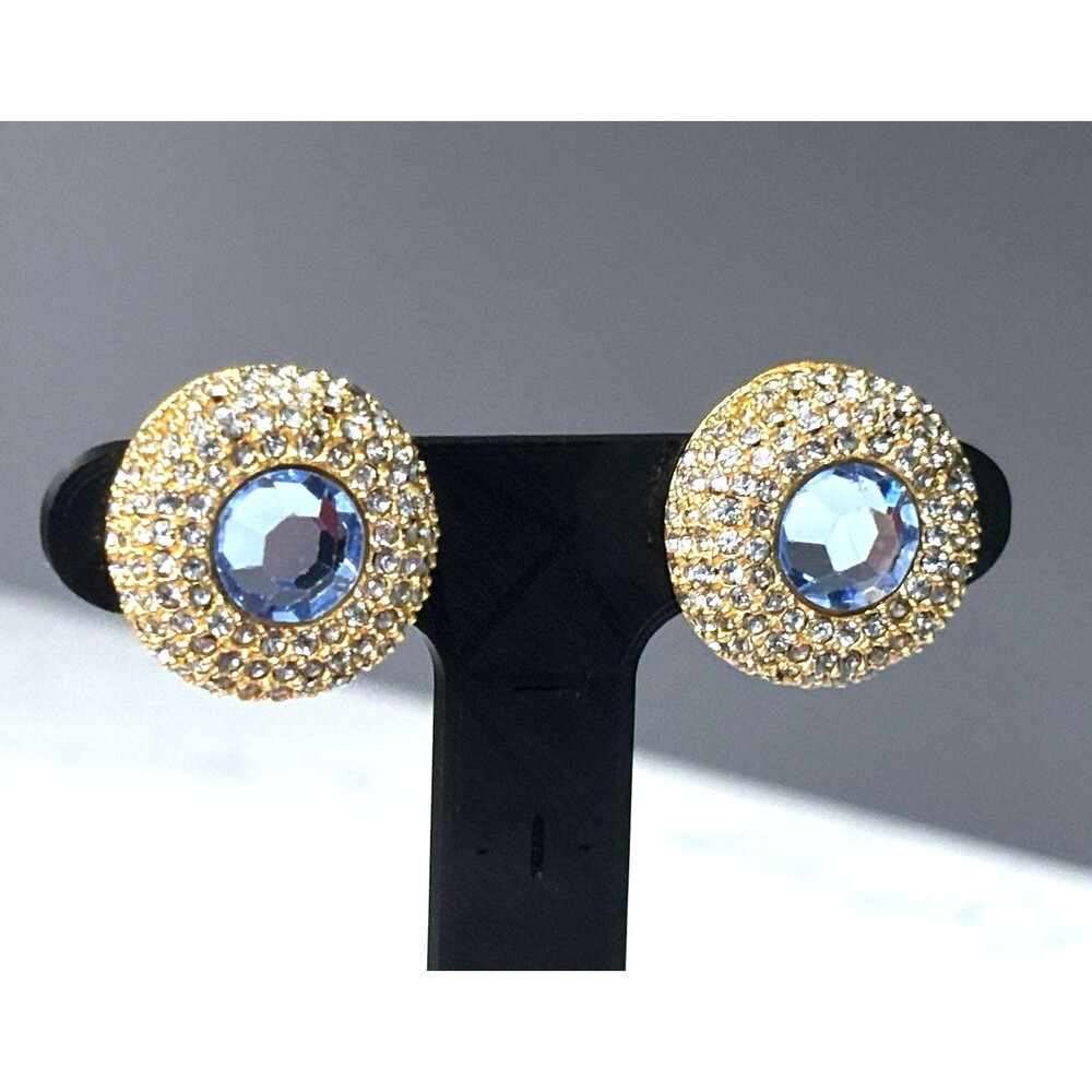 Vintage Estate Clip On Earrings Blue Rhinestone Pave Gold Tone Signed 1980s